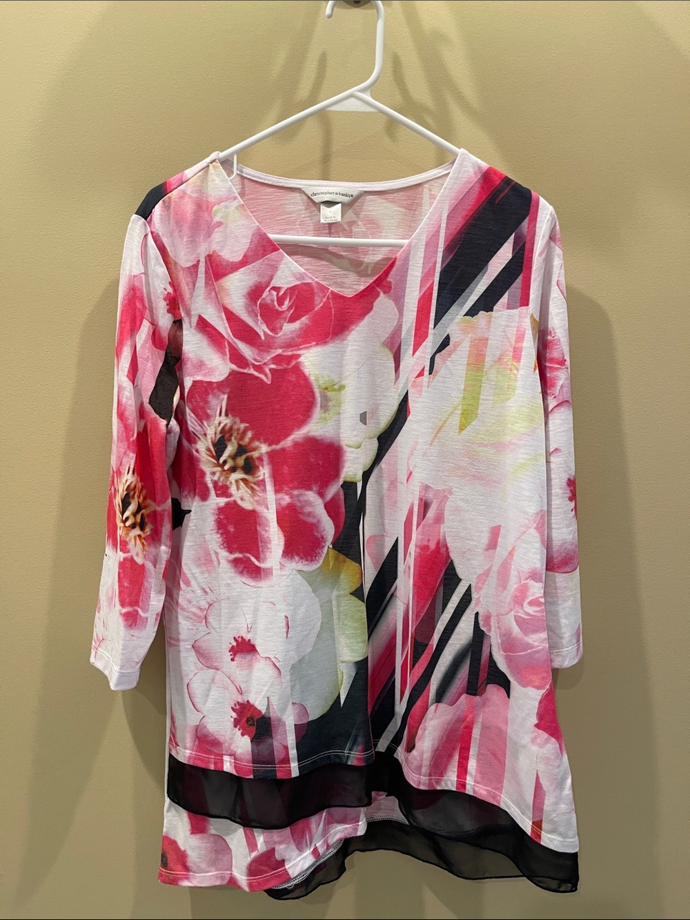Christopher and bangs Modern Floral Pink V-Neck Tunic Top
